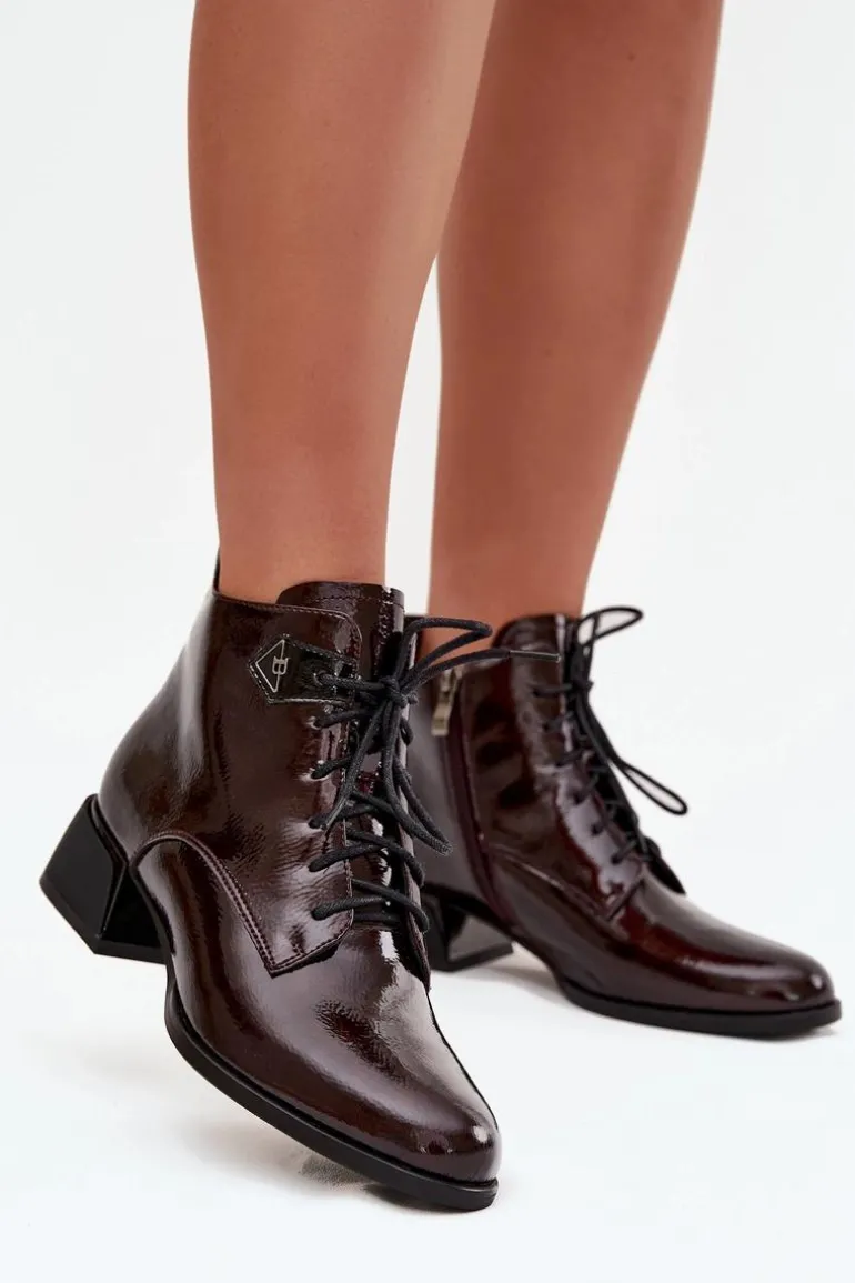 Skórzane Lakierowane Botki Damskie Na Klocku Artiker 57C1119 Bordowe