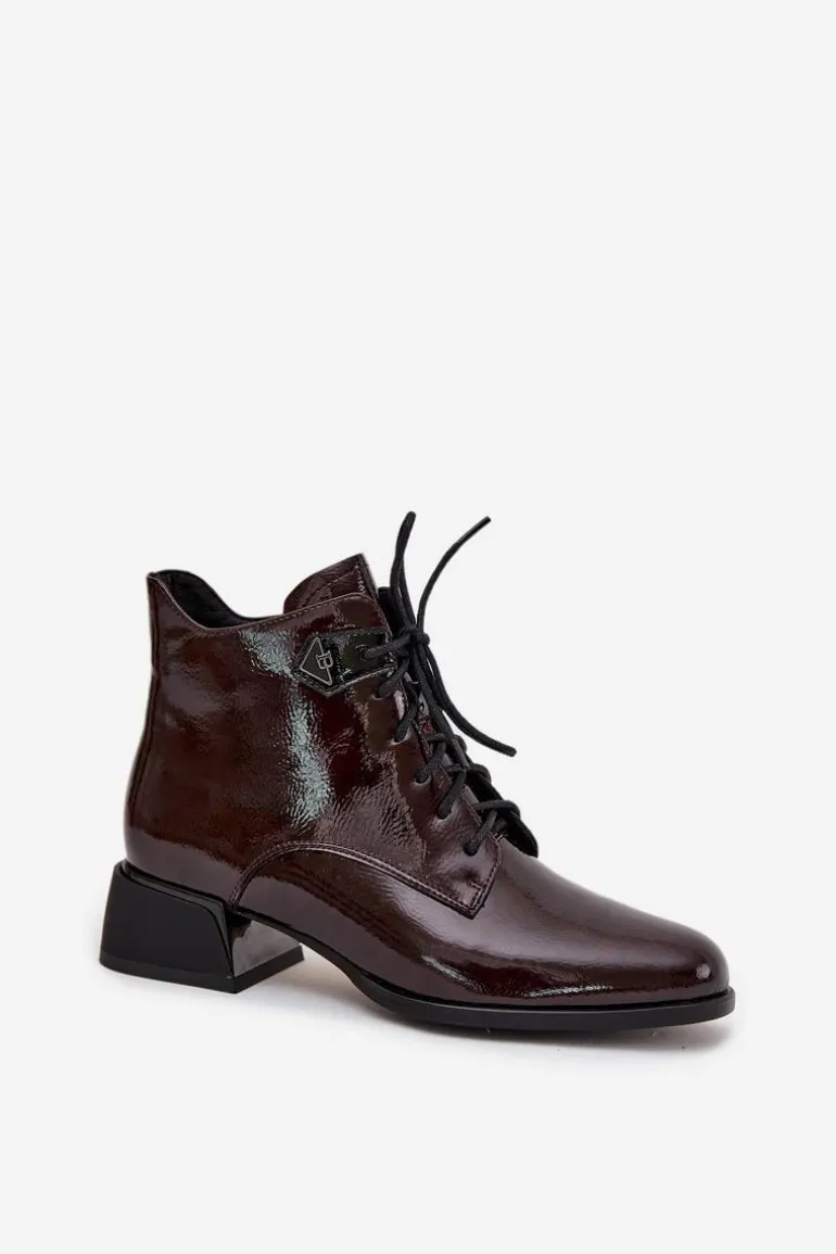 Skórzane Lakierowane Botki Damskie Na Klocku Artiker 57C1119 Bordowe