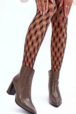 Skórzane Lakierowane Botki Na Słupku S.Barski MR870-58 Ciemnobeżowe