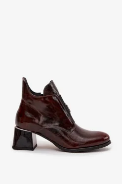 Skórzane Lakierowane Botki Na Klocku Z Ozdobnym Detalem Ocieplane Zazoo 60560 Ciemnobrązowe