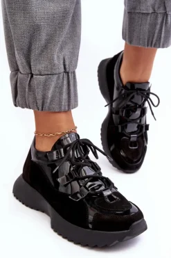 Skórzane Lakierowane Buty Sportowe Damskie M01/2 Zazoo Czarne