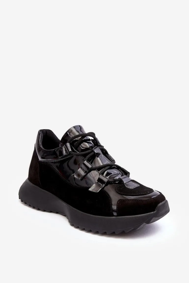 Skórzane Lakierowane Buty Sportowe Damskie M01/2 Zazoo Czarne