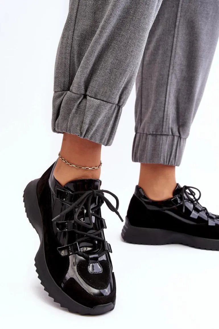 Skórzane Lakierowane Buty Sportowe Damskie M01/2 Zazoo Czarne