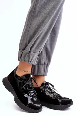 Skórzane Lakierowane Buty Sportowe Damskie M01/2 Zazoo Czarne