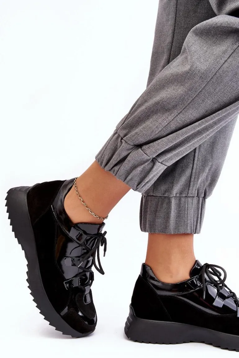 Skórzane Lakierowane Buty Sportowe Damskie M01/2 Zazoo Czarne