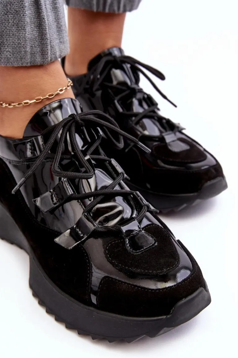 Skórzane Lakierowane Buty Sportowe Damskie M01/2 Zazoo Czarne