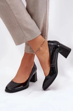 Skórzane Lakierowane Czółenka Na Słupku Vinceza 91130 Czarne