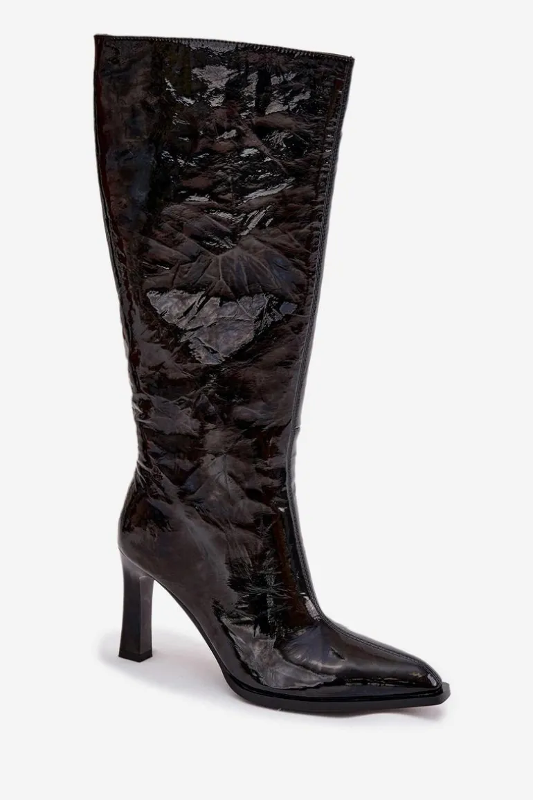 Skórzane Lakierowane Kozaki Damskie Na Obcasie Ocieplane D&A CR52-716 Czarne