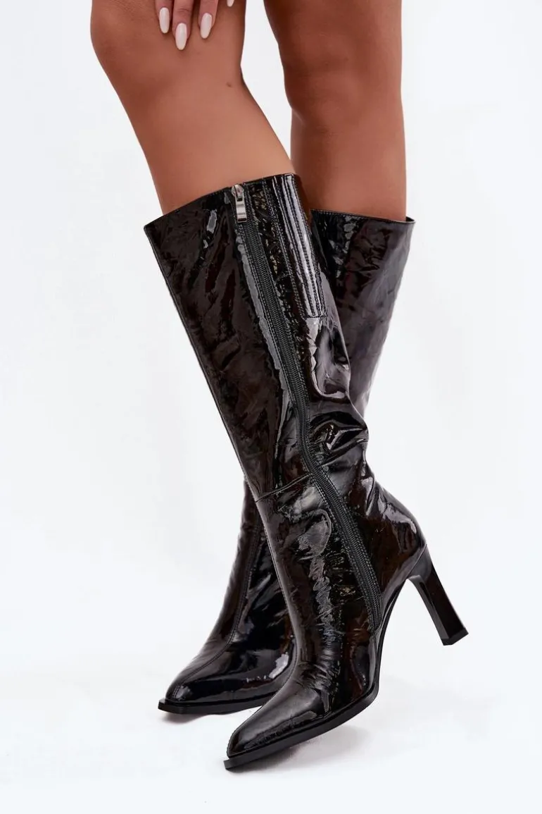 Skórzane Lakierowane Kozaki Damskie Na Obcasie Ocieplane D&A CR52-716 Czarne