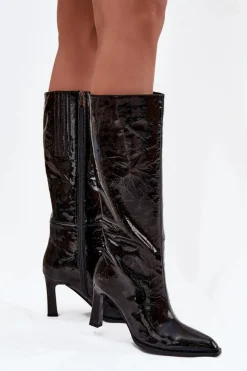 Skórzane Lakierowane Kozaki Damskie Na Obcasie Ocieplane D&A CR52-716 Czarne
