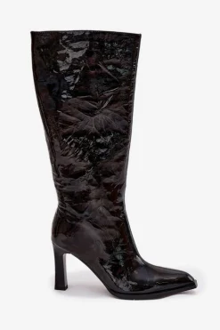 Skórzane Lakierowane Kozaki Damskie Na Obcasie Ocieplane D&A CR52-716 Czarne