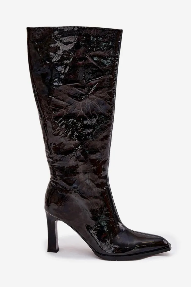 Skórzane Lakierowane Kozaki Damskie Na Obcasie Ocieplane D&A CR52-716 Czarne