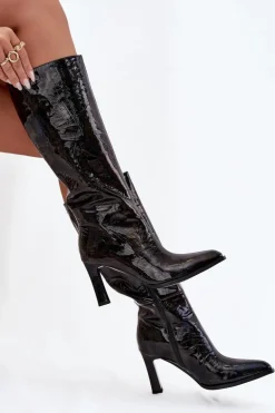 Skórzane Lakierowane Kozaki Damskie Na Obcasie Ocieplane D&A CR52-716 Czarne