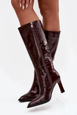 Skórzane Lakierowane Kozaki Damskie Ocieplane D&A CR52-716 Bordowe