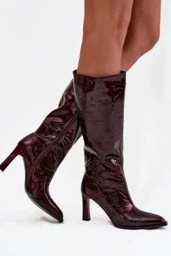 Skórzane Lakierowane Kozaki Damskie Ocieplane D&A CR52-716 Bordowe