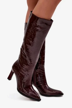 Skórzane Lakierowane Kozaki Damskie Ocieplane D&A CR52-716 Bordowe