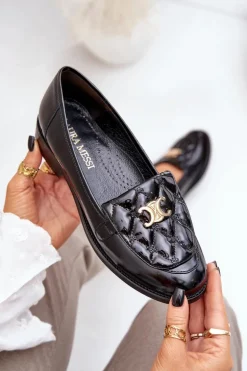 Skórzane Lakierowane Mokasyny Ze Złotą Ozdobą Laura Messi 2927 Czarne