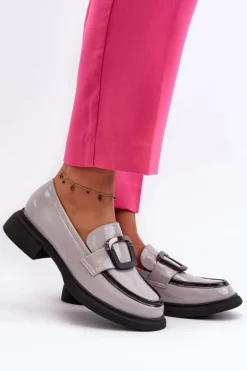Skórzane Lakierowane Mokasyny Damskie Szare Fidodia