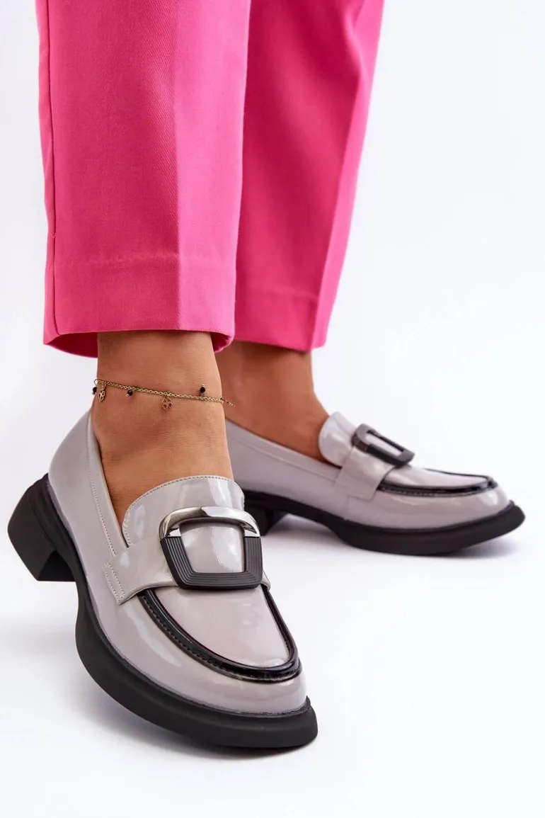 Skórzane Lakierowane Mokasyny Damskie Szare Fidodia