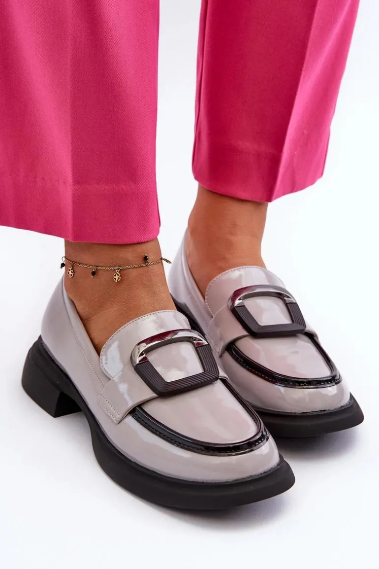 Skórzane Lakierowane Mokasyny Damskie Szare Fidodia