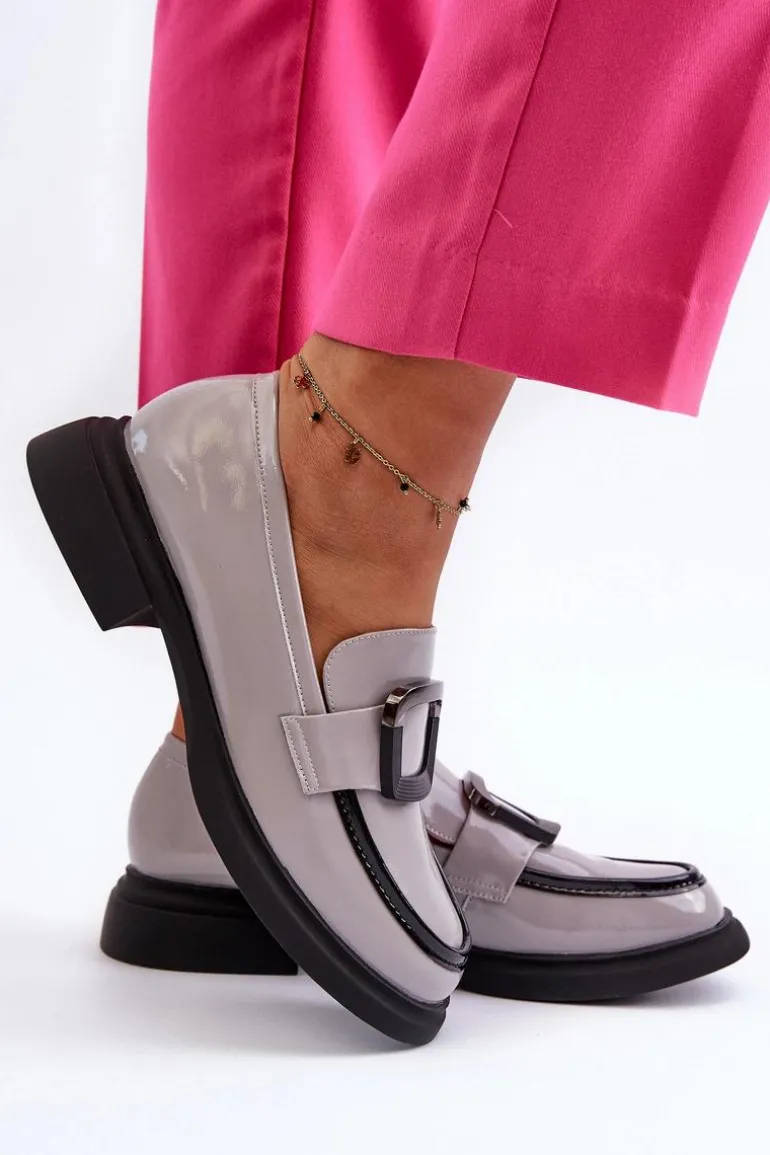 Skórzane Lakierowane Mokasyny Damskie Szare Fidodia