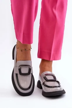 Skórzane Lakierowane Mokasyny Damskie Szare Fidodia