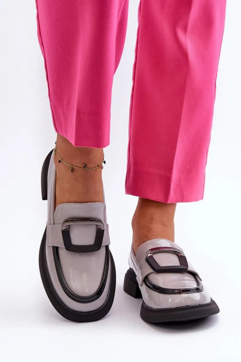 Skórzane Lakierowane Mokasyny Damskie Szare Fidodia