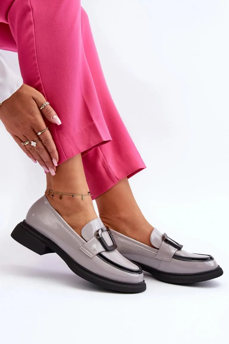 Skórzane Lakierowane Mokasyny Damskie Szare Fidodia