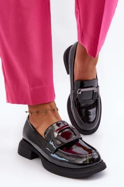 Skórzane Lakierowane Mokasyny Damskie Czarne Fidodia