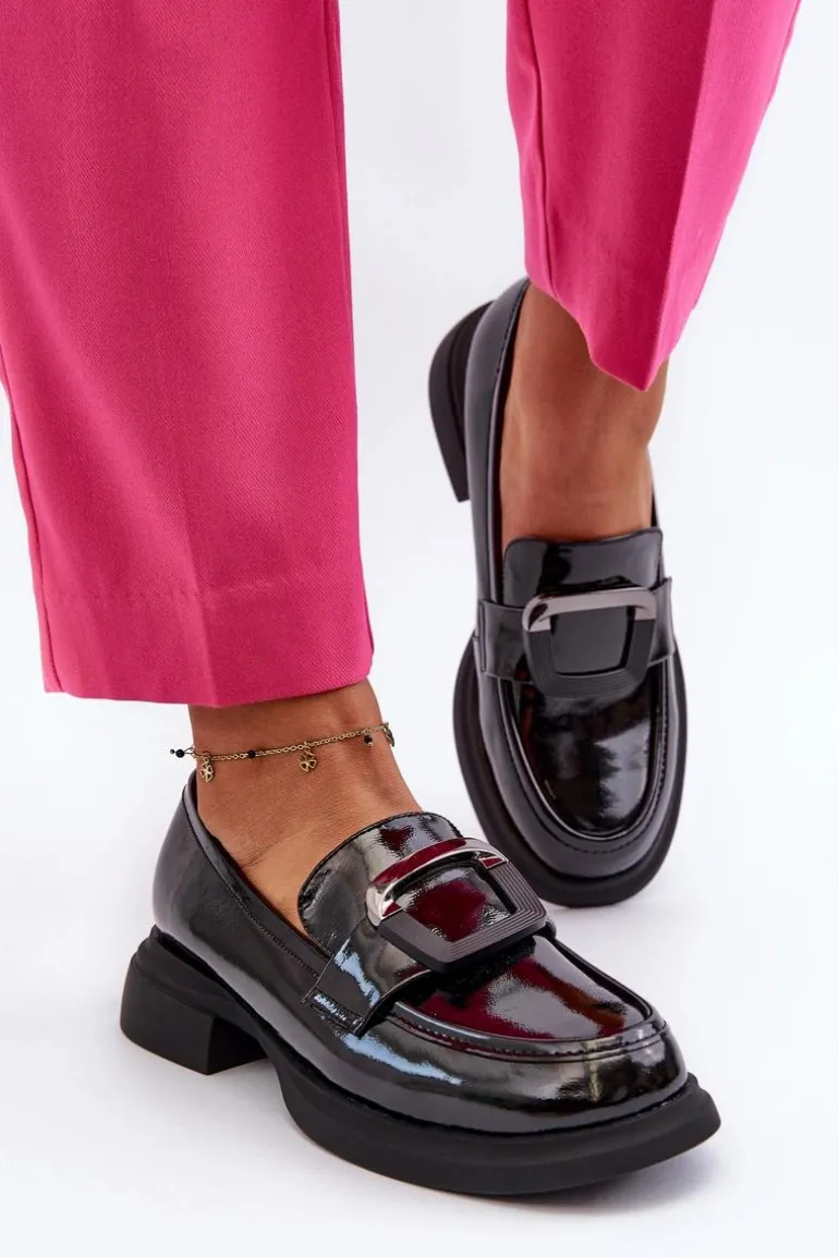 Skórzane Lakierowane Mokasyny Damskie Czarne Fidodia