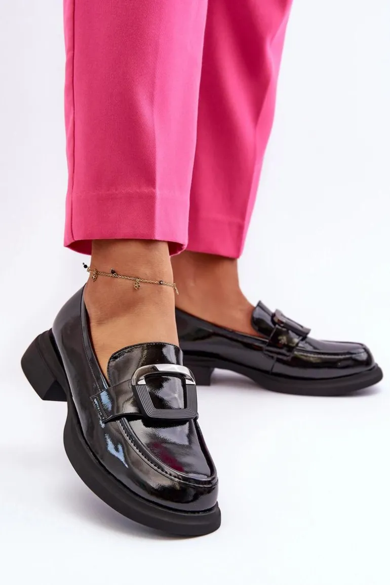 Skórzane Lakierowane Mokasyny Damskie Czarne Fidodia