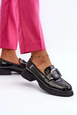 Skórzane Lakierowane Mokasyny Damskie Czarne Fidodia