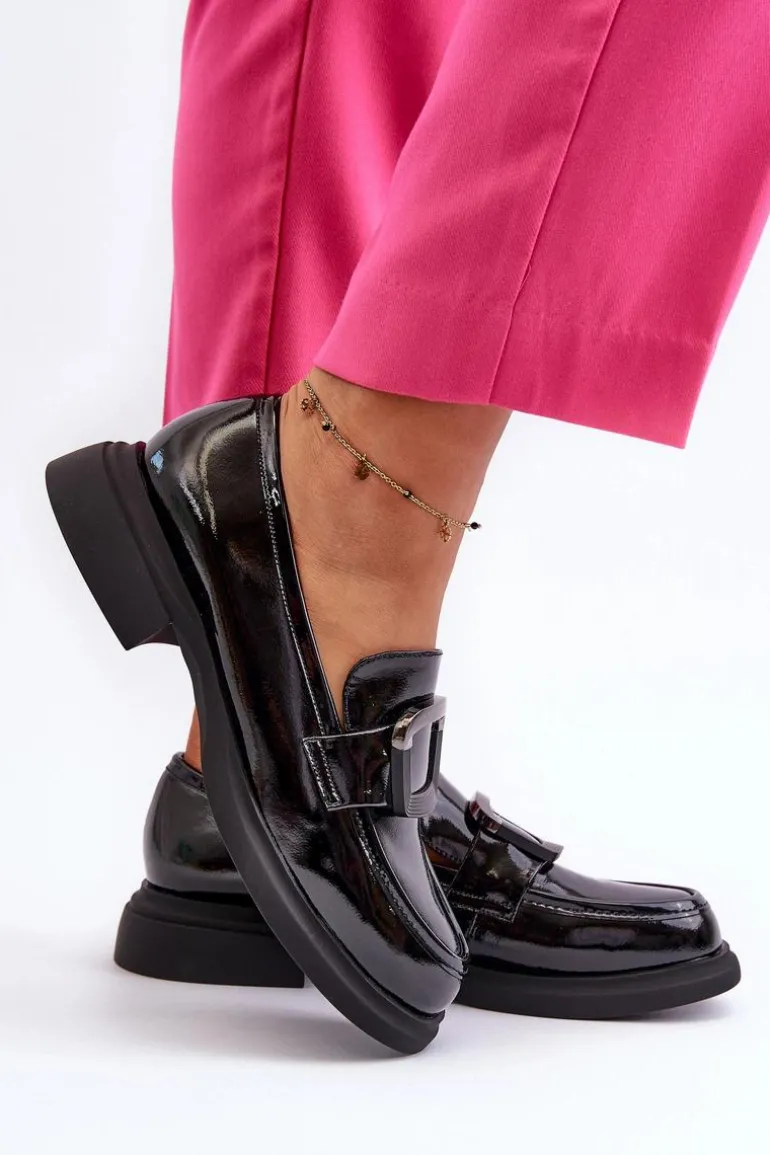 Skórzane Lakierowane Mokasyny Damskie Czarne Fidodia