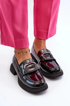 Skórzane Lakierowane Mokasyny Damskie Czarne Fidodia