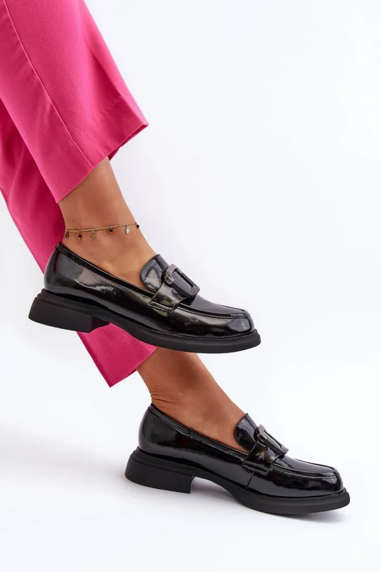 Skórzane Lakierowane Mokasyny Damskie Czarne Fidodia