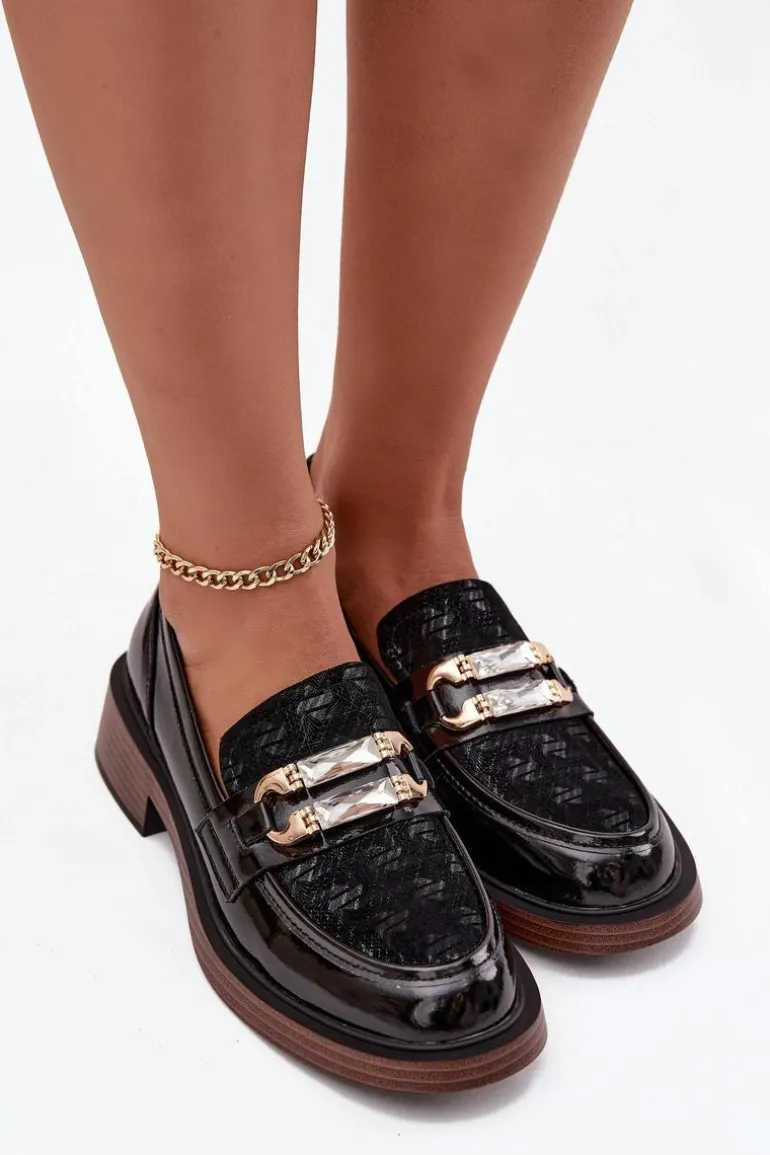 Skórzane Lakierowane Mokasyny Damskie Z Ozdobnym Detalem D&A MR52-173 Czarne