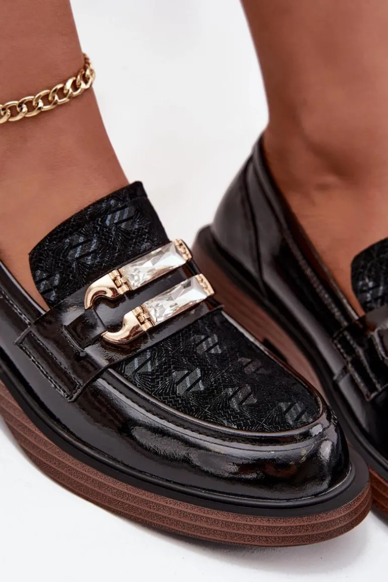 Skórzane Lakierowane Mokasyny Damskie Z Ozdobnym Detalem D&A MR52-173 Czarne