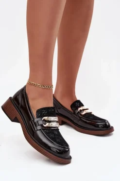 Skórzane Lakierowane Mokasyny Damskie Z Ozdobnym Detalem D&A MR52-173 Czarne