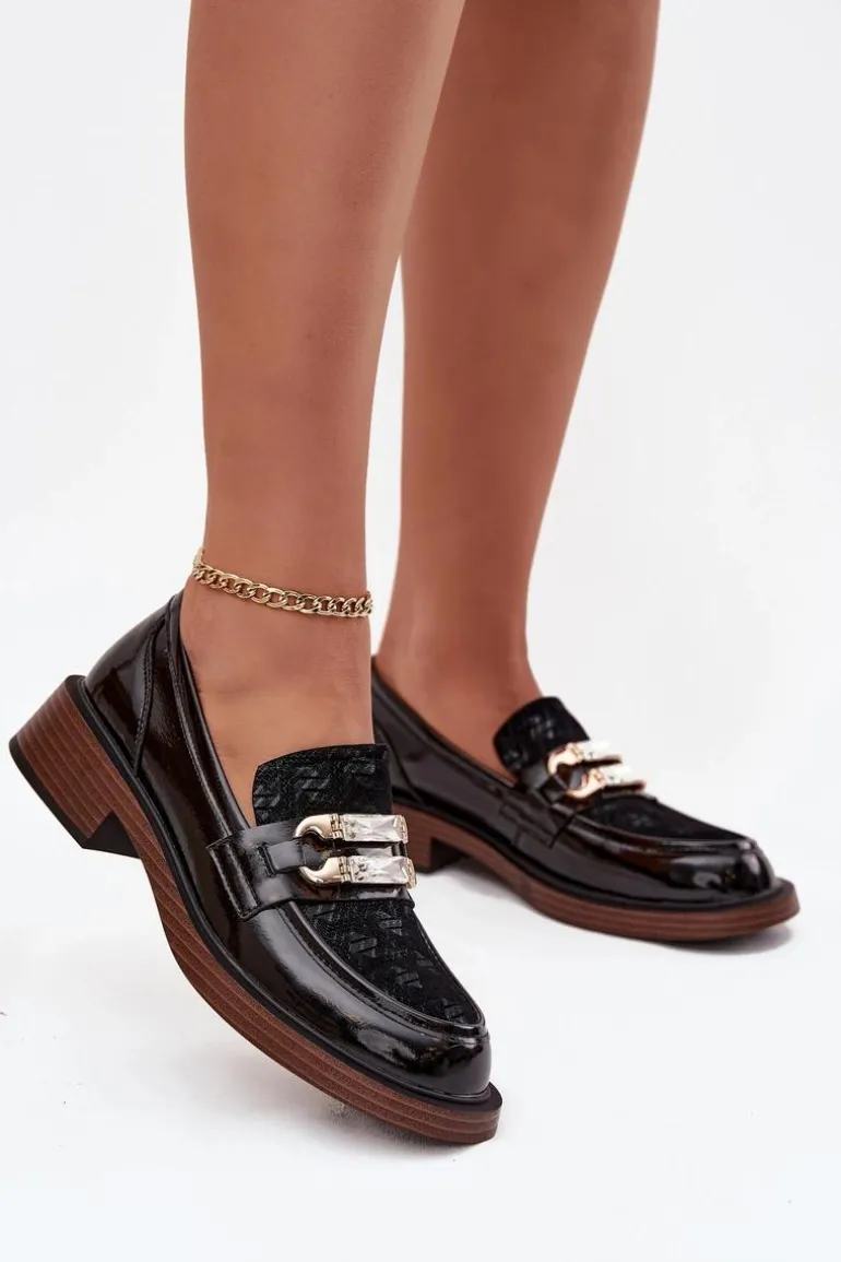 Skórzane Lakierowane Mokasyny Damskie Z Ozdobnym Detalem D&A MR52-173 Czarne