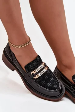 Skórzane Lakierowane Mokasyny Damskie Z Ozdobnym Detalem D&A MR52-173 Czarne
