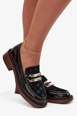 Skórzane Lakierowane Mokasyny Damskie Z Ozdobnym Detalem D&A MR52-173 Czarne