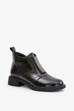 Skórzane Lakierowane Niskie Botki Ze Zdobieniem Na Zamek D&A MR880-142 Czarne