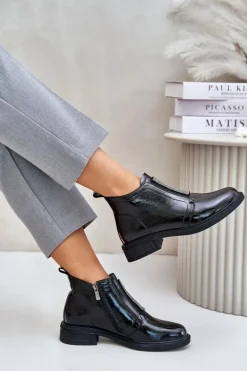 Skórzane Lakierowane Niskie Botki Ze Zdobieniem Na Zamek D&A MR880-142 Czarne