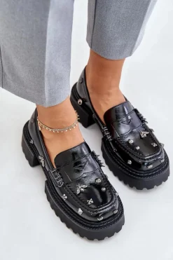 Skórzane Lakierowane Półbuty Damskie Z Ozdobami D&A MR880-103 Czarne