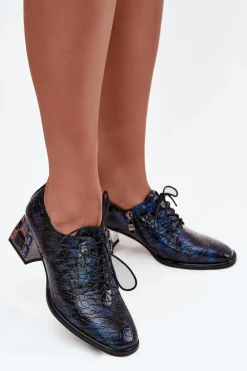 Skórzane Lakierowane Półbuty Damskie Na Obcasie Z Kryształkami Artiker 55C0428 Granatowe