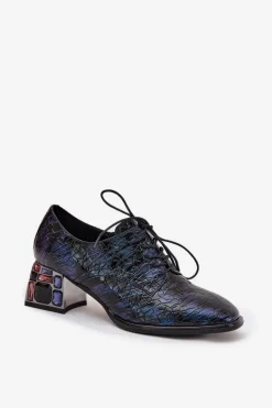 Skórzane Lakierowane Półbuty Damskie Na Obcasie Z Kryształkami Artiker 55C0428 Granatowe