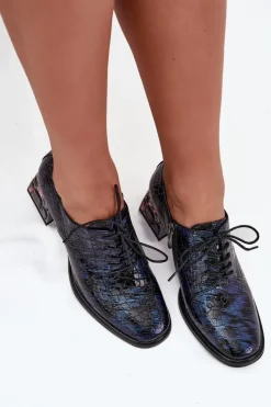 Skórzane Lakierowane Półbuty Damskie Na Obcasie Z Kryształkami Artiker 55C0428 Granatowe