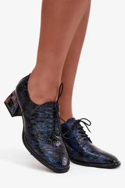 Skórzane Lakierowane Półbuty Damskie Na Obcasie Z Kryształkami Artiker 55C0428 Granatowe