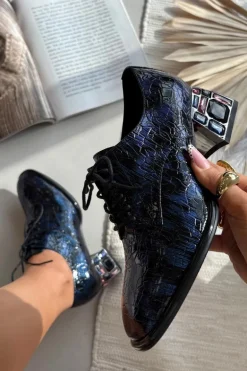 Skórzane Lakierowane Półbuty Damskie Na Obcasie Z Kryształkami Artiker 55C0428 Granatowe