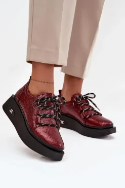 Skórzane Lakierowane Półbuty Damskie Na Platformie Artiker 57C2046 Bordowe